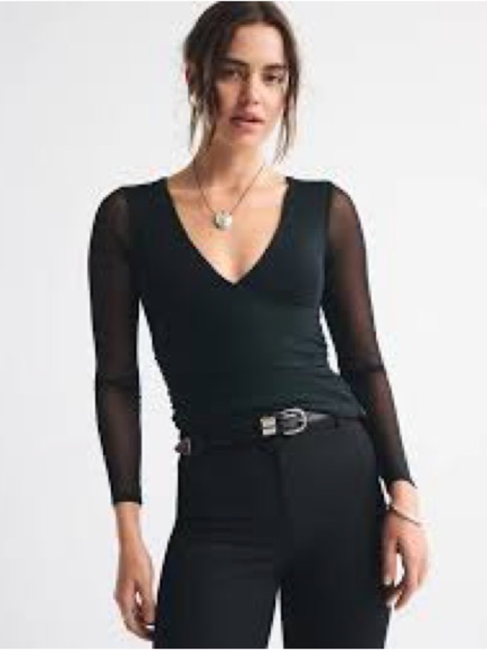 Abercrombie Sheer Mesh Sleeve V-Neck Black Women's Top